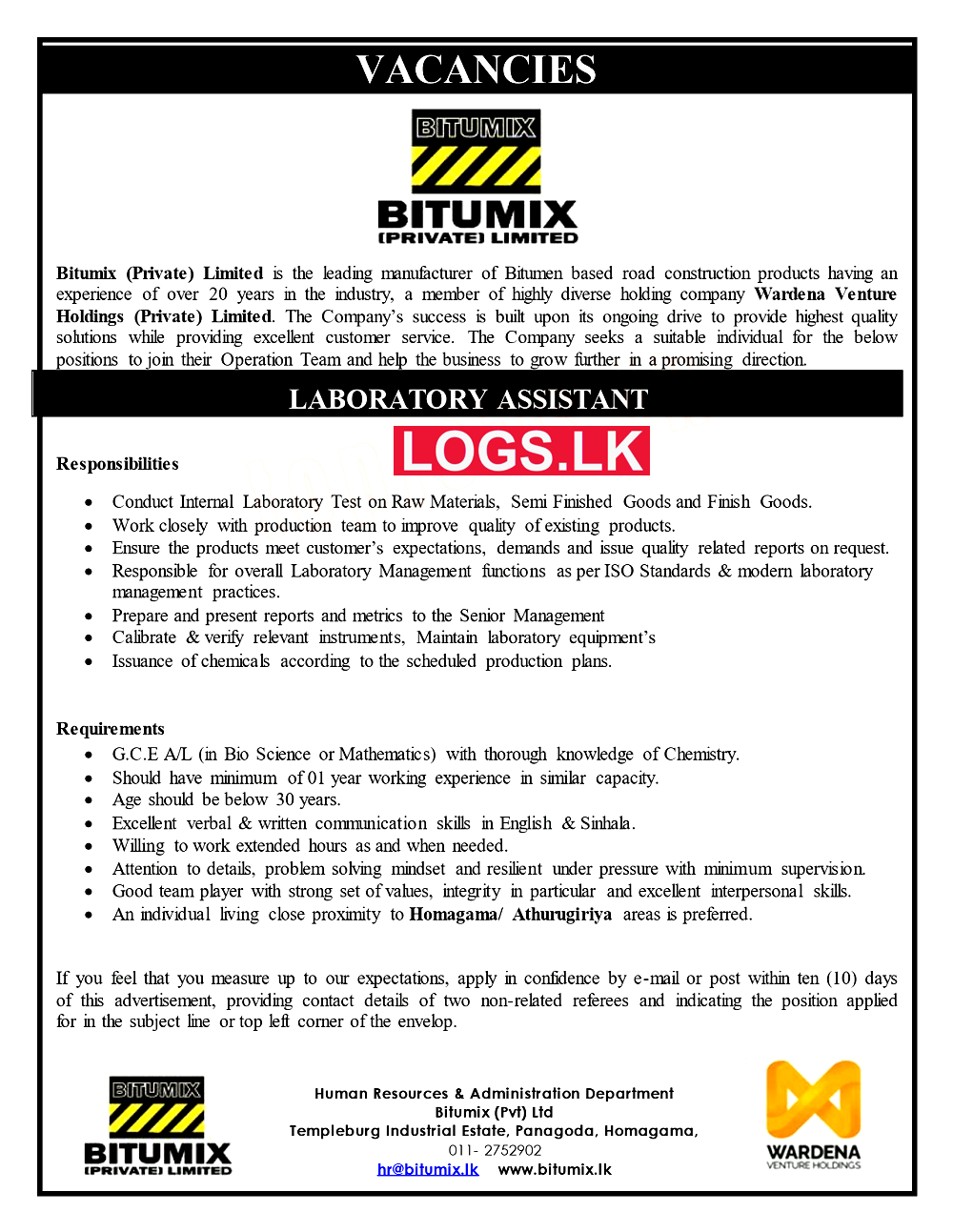 Laboratory Assistant Job Vacancy at Bitumix (Pvt) Ltd Job Vacancies in Sri Lanka