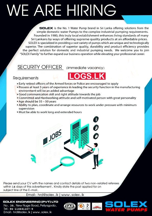 Security Officer Job Vacancy at Solex Engineering (Pvt) Ltd Job Vacancies in Sri Lanka