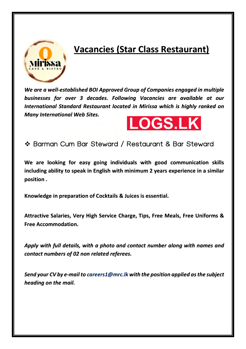 Steward Job Vacancies at Mirissa Cafe Bistro Sri Lanka Job Vacancies