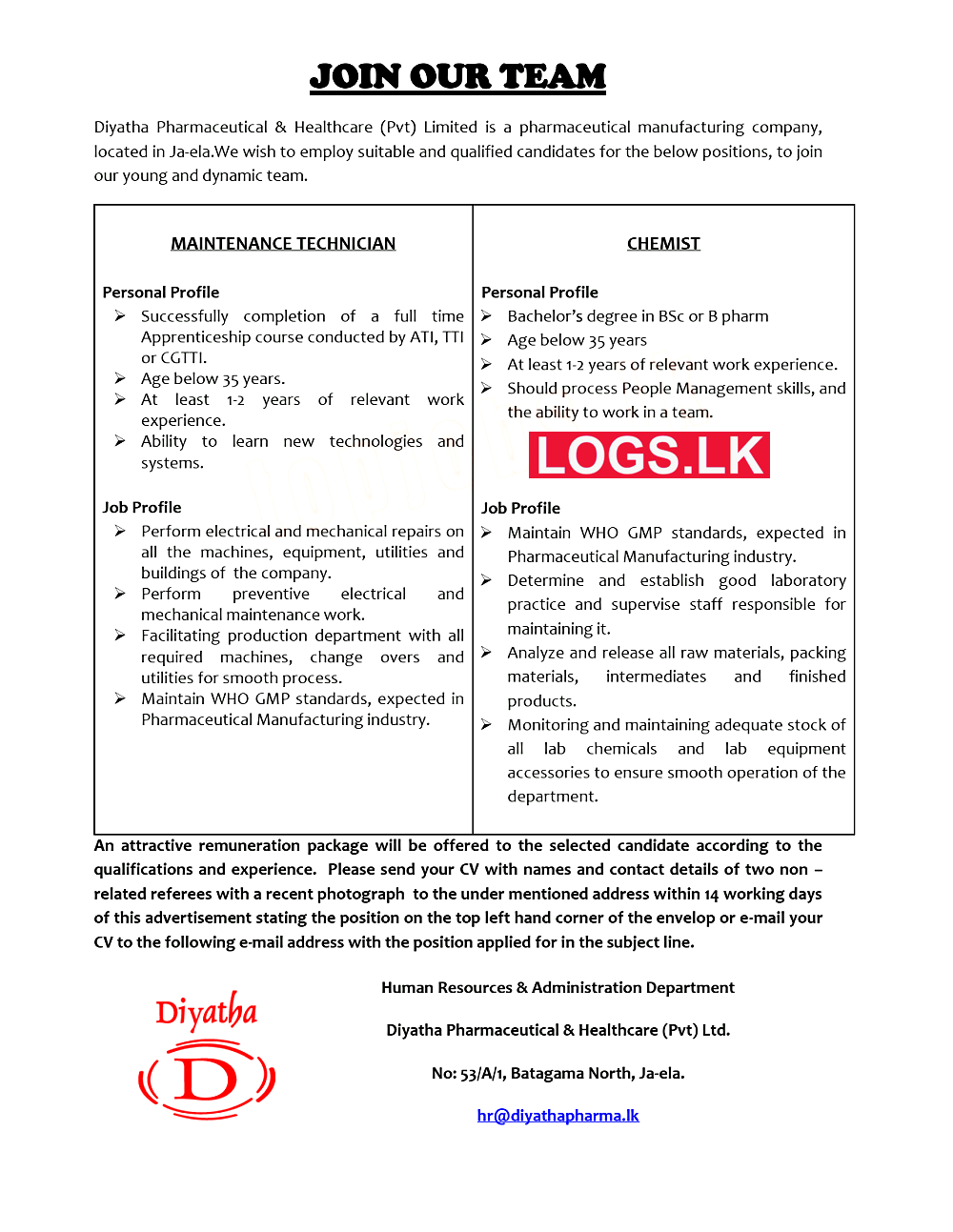 Chemist Job Vacancy at Diyatha Pharmaceutical & Healthcare Job Vacancies in Sri Lanka