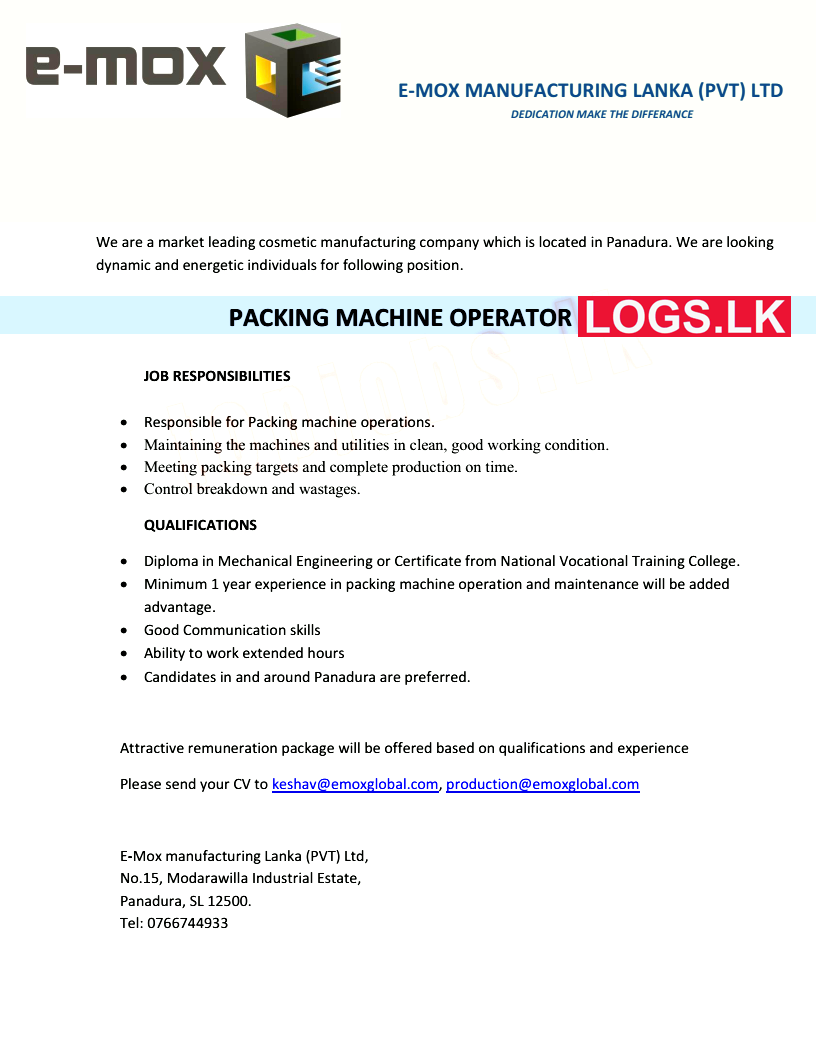 Packing Machine Operator Vacancy at E-mox Manufacturing Job Vacancies Application