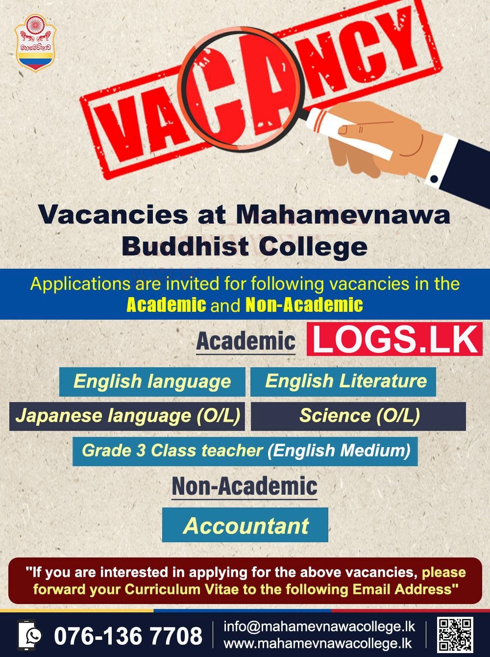 Academic and Non-Academic Vacancies at Mahamevnawa Buddhist College Job Vacancies