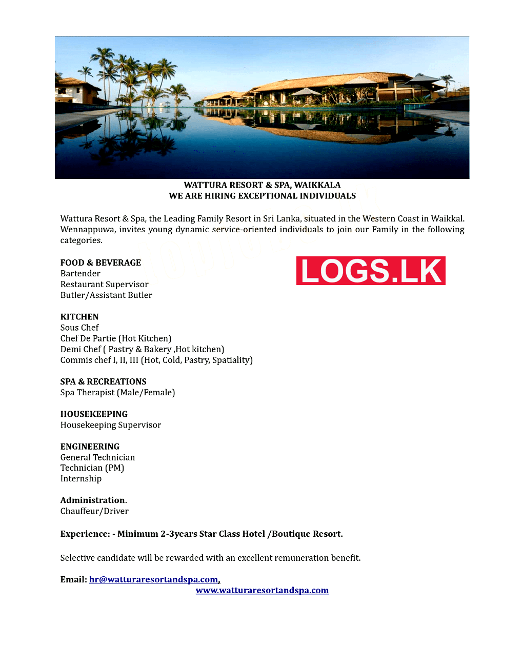 Hotel Job Vacancies at Wattura Resort and Spa Job Application Sri Lanka