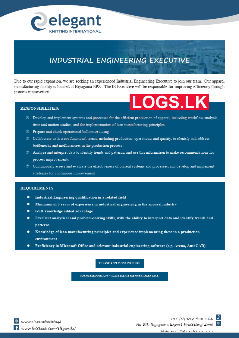 Industrial Engineering Executive Job Vacancy at Elegant Knitting International Job Vacancies