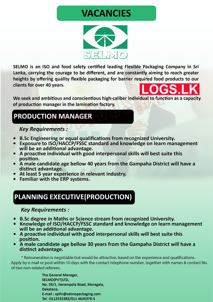 Production Manager Job Vacancy at Selmo (Pvt) Ltd Job Vacancies in Sri Lanka