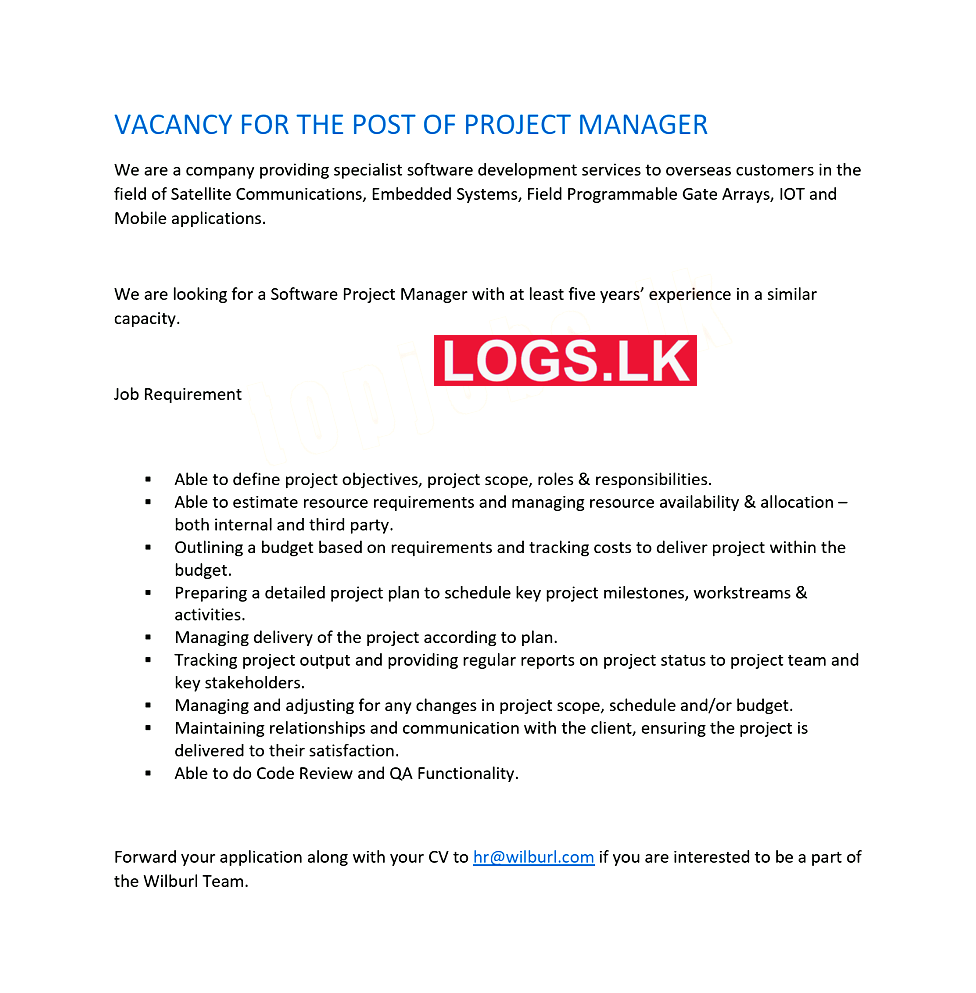 Project Manager Job Vacancy at Wilburl (Pvt) Ltd Job Vacancies