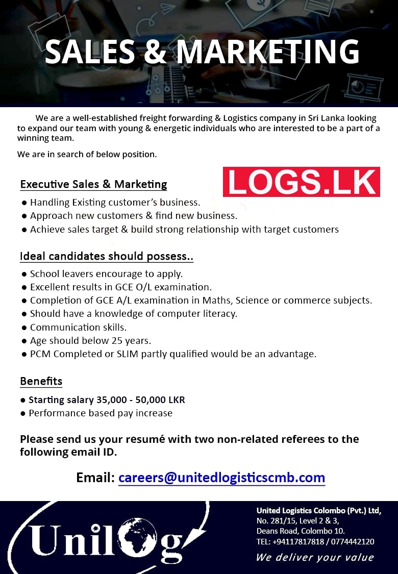 Sales & Marketing Executive Vacancy at United Logistics Colombo Job Vacancies