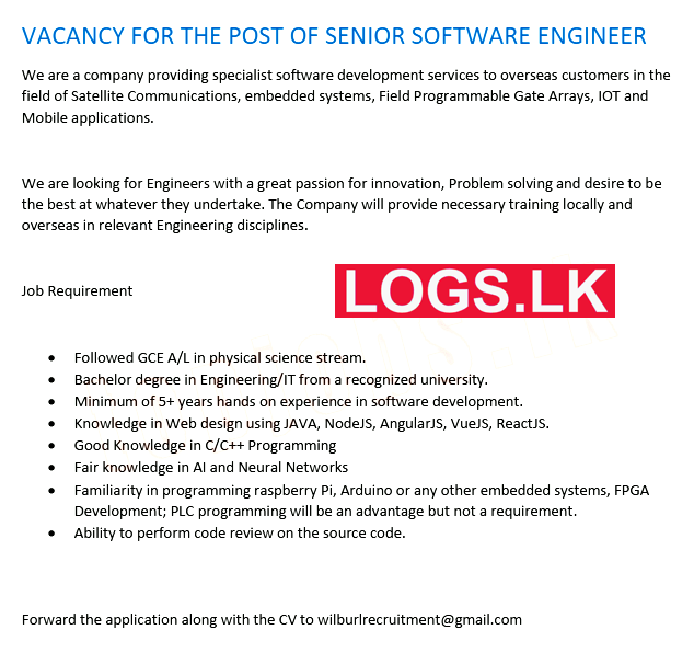 Senior Software Engineer Job Vacancy at Wilburl (Pvt) Ltd Job Vacancies