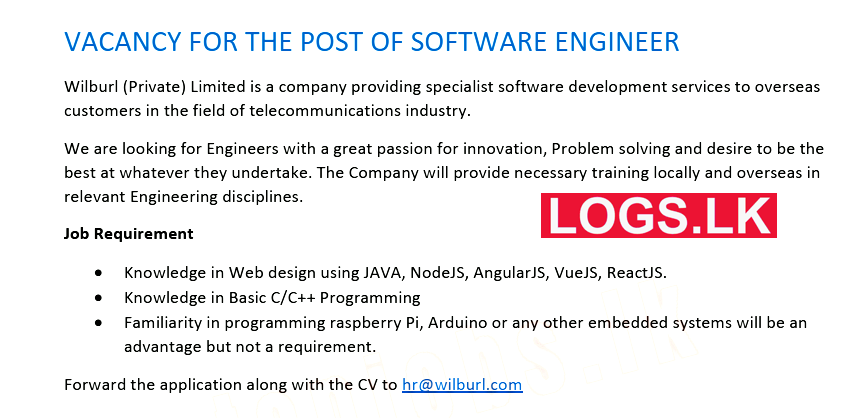 Software Engineer Job Vacancy at Wilburl (Pvt) Ltd Jobs Vacancies