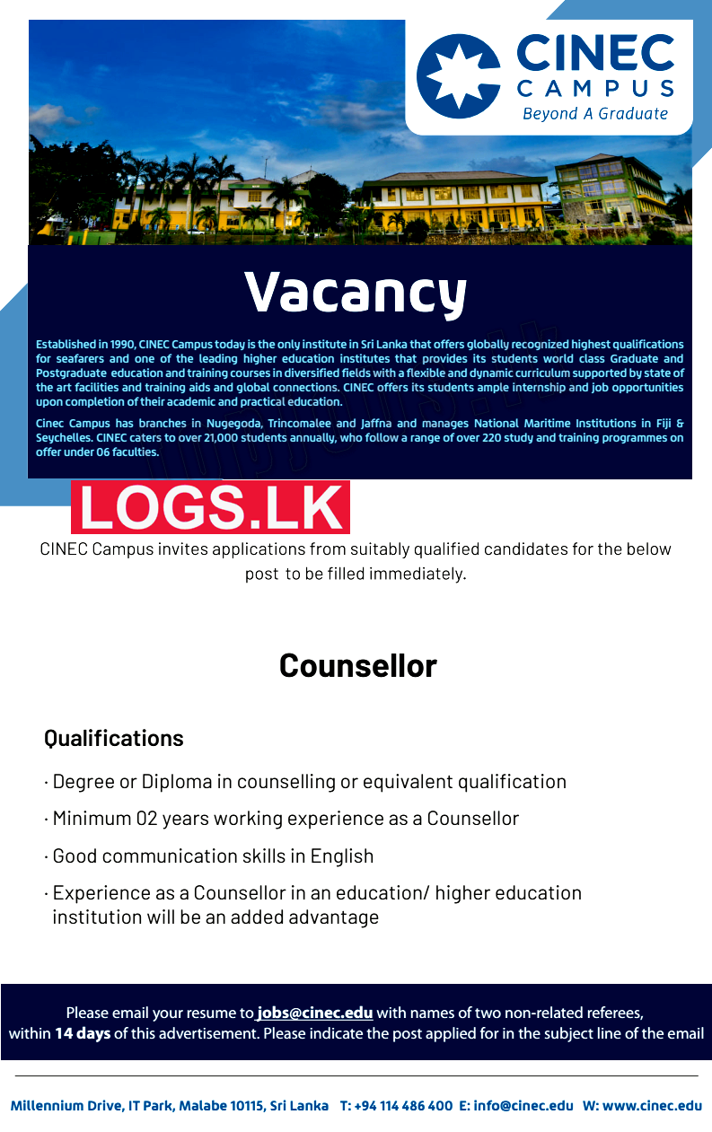 Counsellor Job Vacancy at CINEC Campus Sri Lanka Job Vacancies