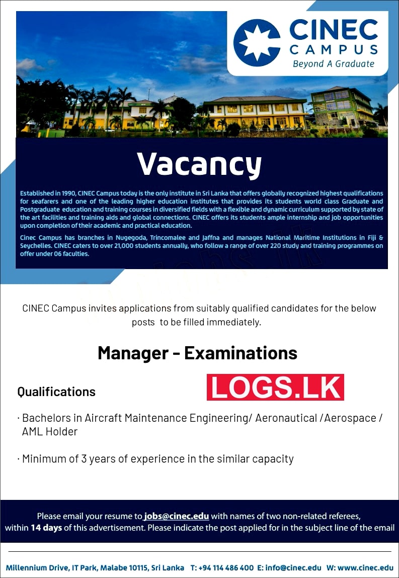 Manager (Examinations) Job Vacancy at CINEC Campus Job Vacancies