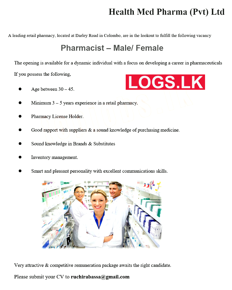 Pharmacist Job Vacancy at Health Med Pharma (Pvt) Ltd Job Vacancies