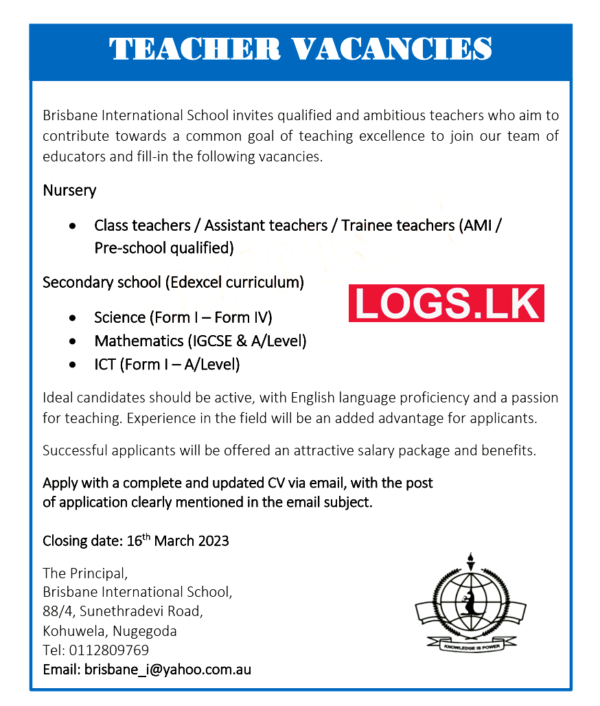 Teachers Job Vacancies at Brisbane International School Job Vacancy in Sri Lanka