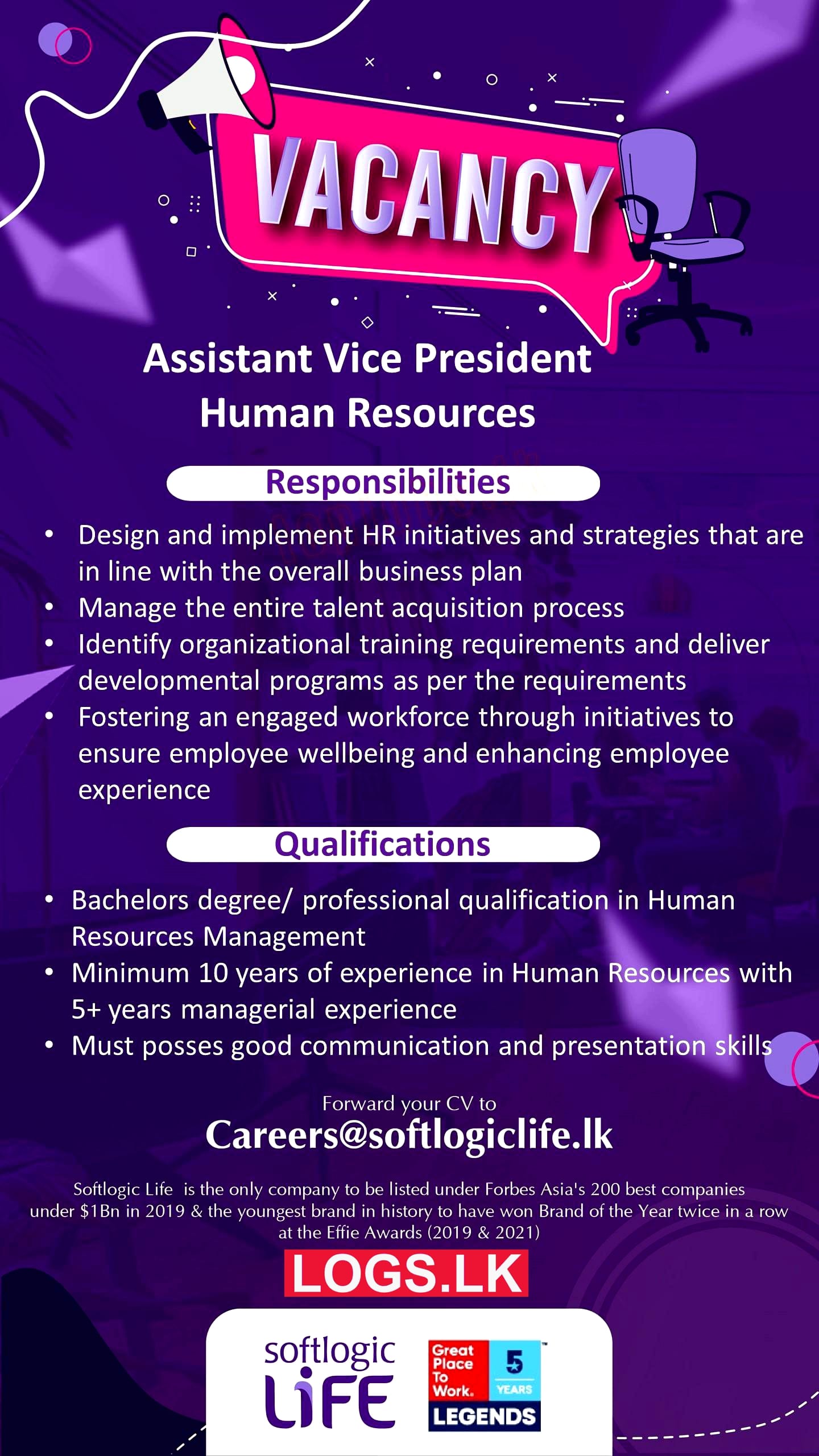 Assistant Vice President (HR) Job Vacancy at Softlogic Life Insurance Job Vacancies