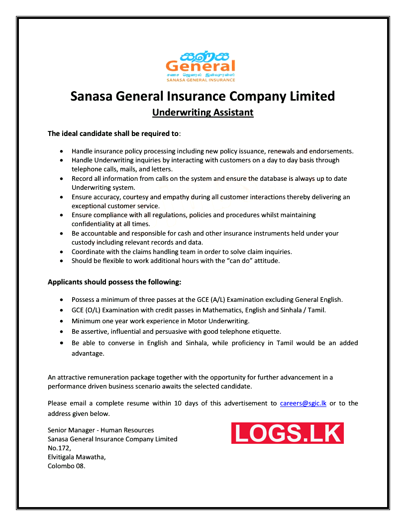 Underwriting Assistant Vacancy at Sanasa General Insurance Job Vacancies