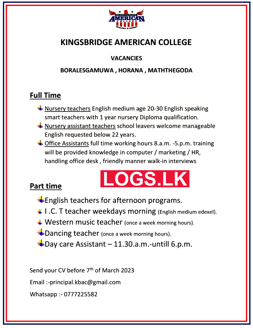 Teachers Job Vacancies at Kingsbridge American College Job Vacancies in Sri Lanka