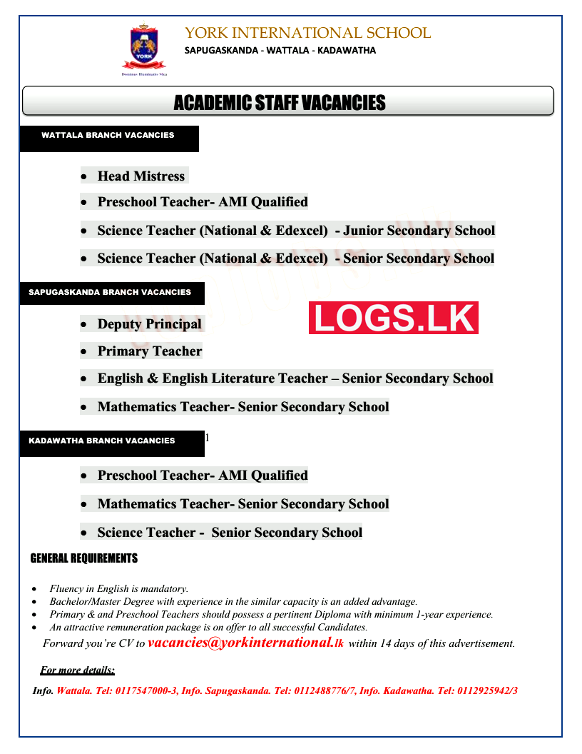Academic Staff Job Vacancies at York International Job Vacancy in Sri Lanka