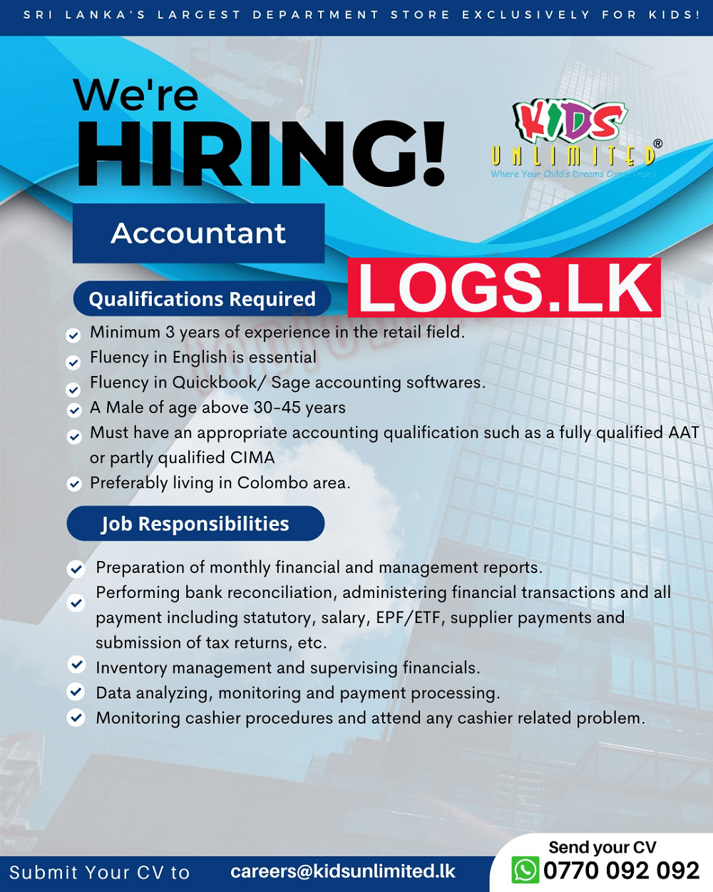 Accountant Job Vacancy at Kids Unlimited Jobs in Sri Lanka