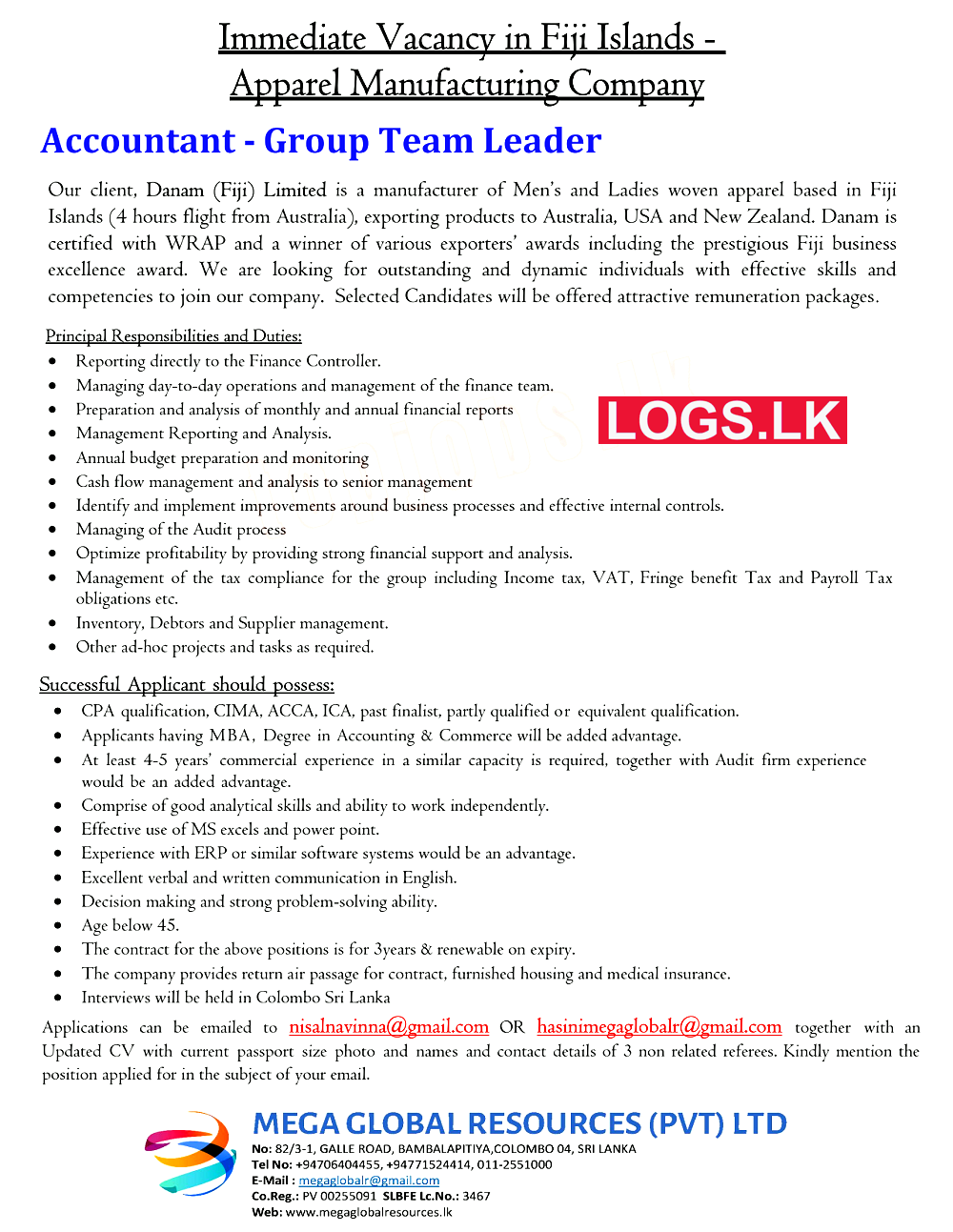 Accountant Job Vacancy at Mega Global Resources Job Vacancies in Sri Lanka
