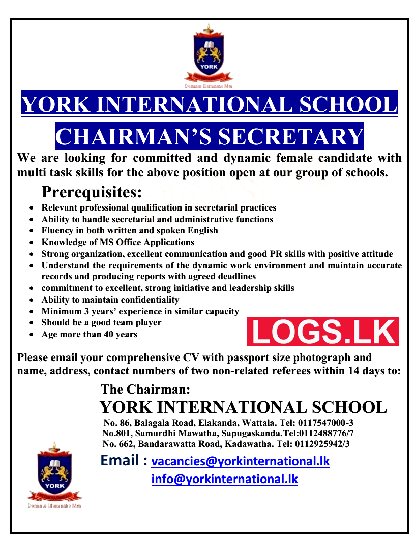 Chairman's Secretary Job Vacancy at York International Sri Lanka Job Vacancies