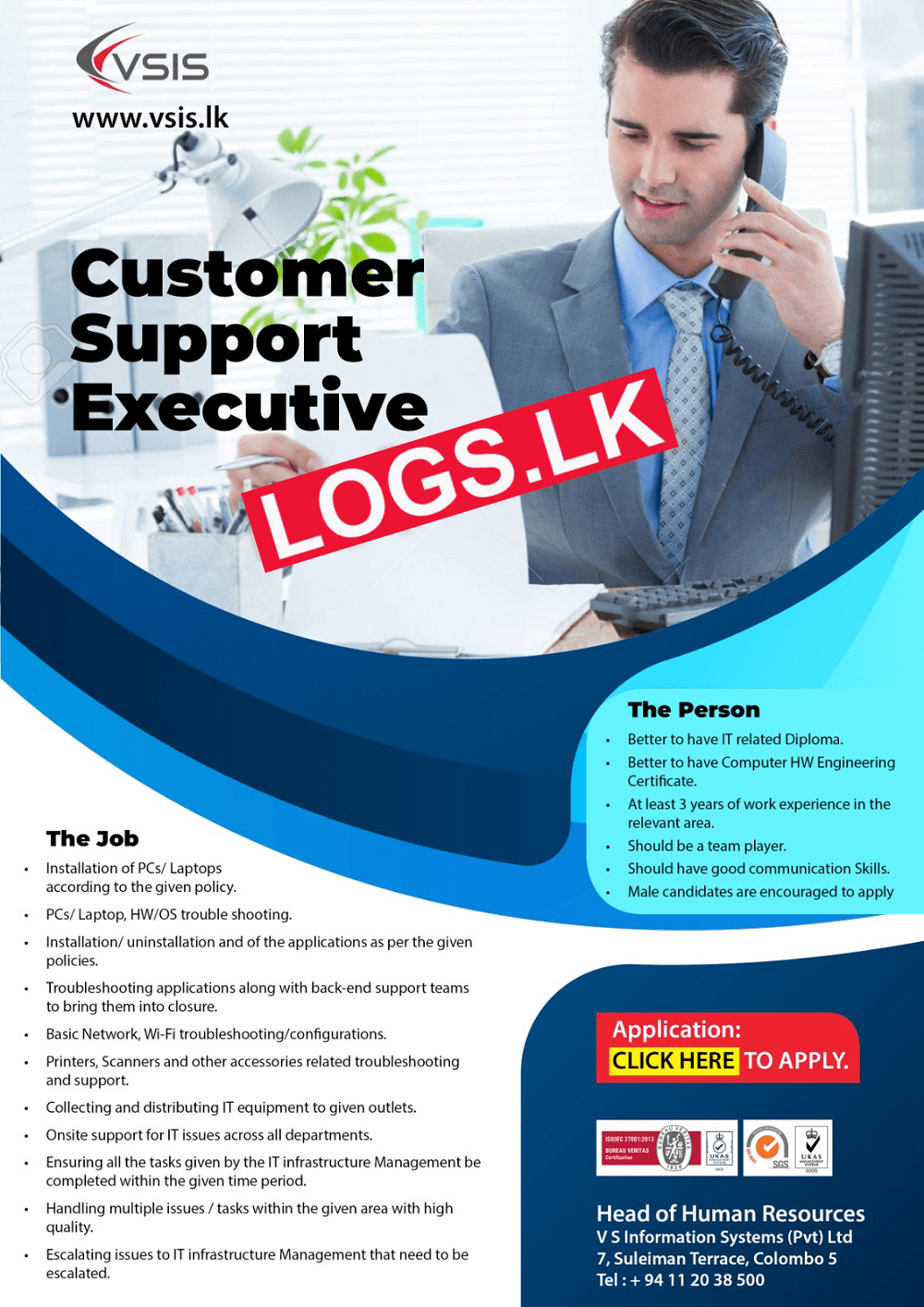 Customer Support Executive Vacancy at V S Information Systems (Pvt) Ltd Job Vacancies