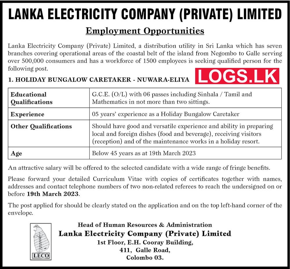 Holiday Bungalow Caretaker - Lanka Electricity Company Vacancies 2023 Application Form, Details Download