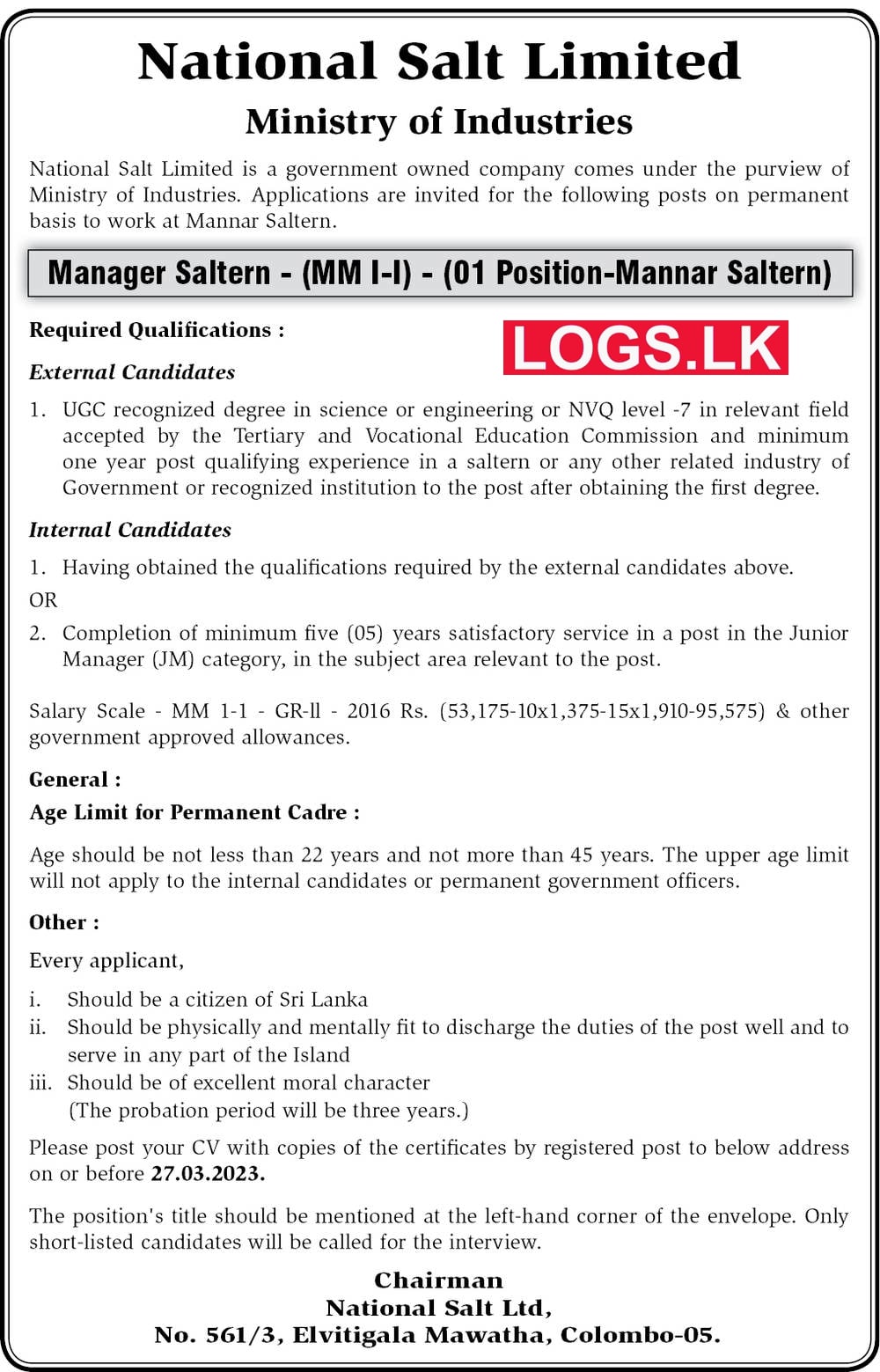 Manager Saltern - National Salt Limited Vacancies 2023 Application Form, Details Download