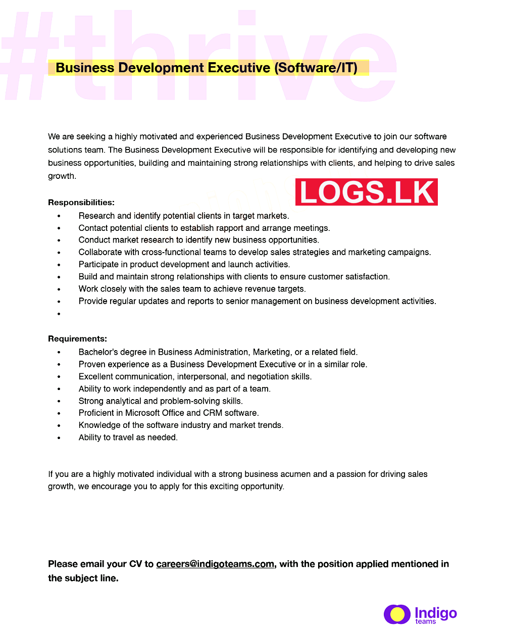 Business Development Executive (Software / IT) at Indigo Teams Job Vacancies in Sri Lanka