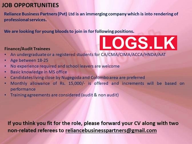 Finance / Audit Trainees Vacancies at Reliance Business Partners Jobs in Sri Lanka