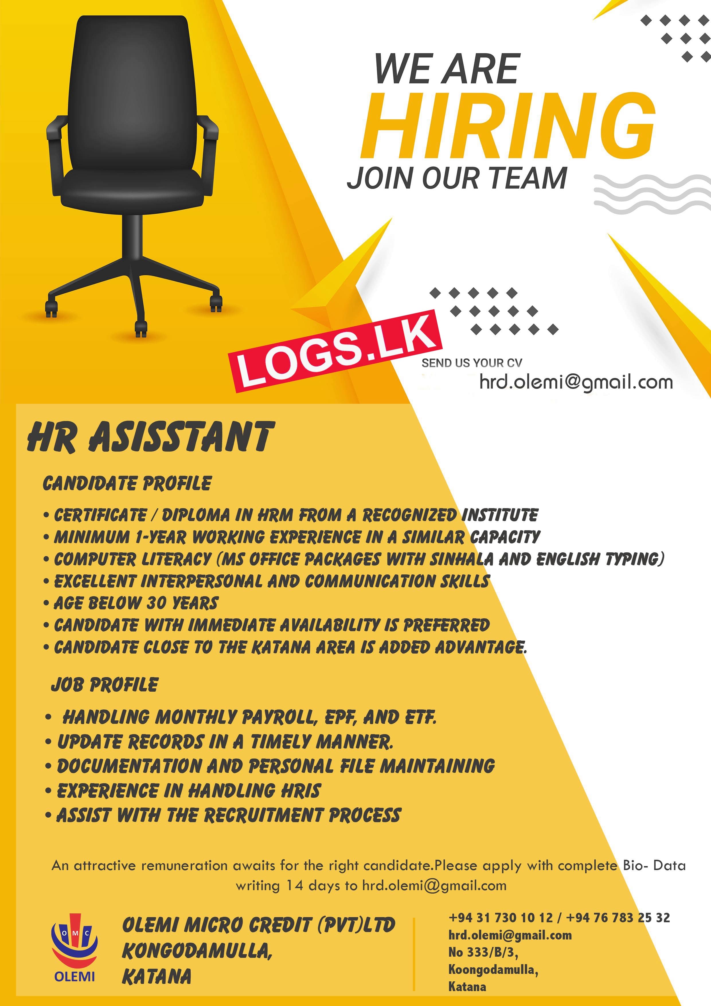 HR Assistant Job Vacancy at OLEMI Micro Credit (Pvt) Ltd Job Vacancies in Sri Lanka