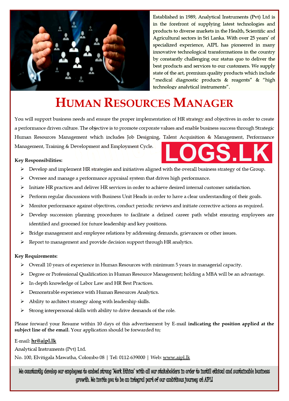 Human Resources Manager Job Vacancy at Analytical Instruments (Pvt) Ltd Sri Lanka