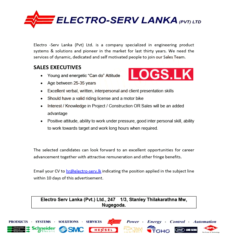 Sales Executive Job Vacancy at Electro Serv Lanka (Pvt) Ltd Jobs Application, Details Download