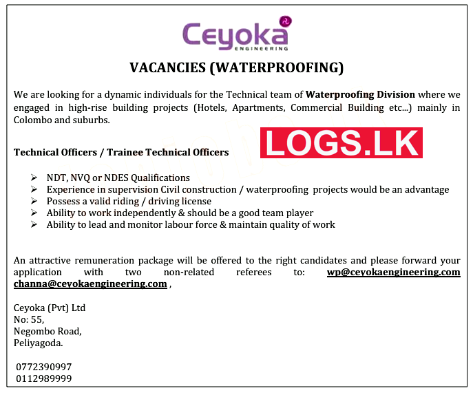 Technical Officers Job Vacancies at Ceyoka (Pvt) Ltd Job Vacancies