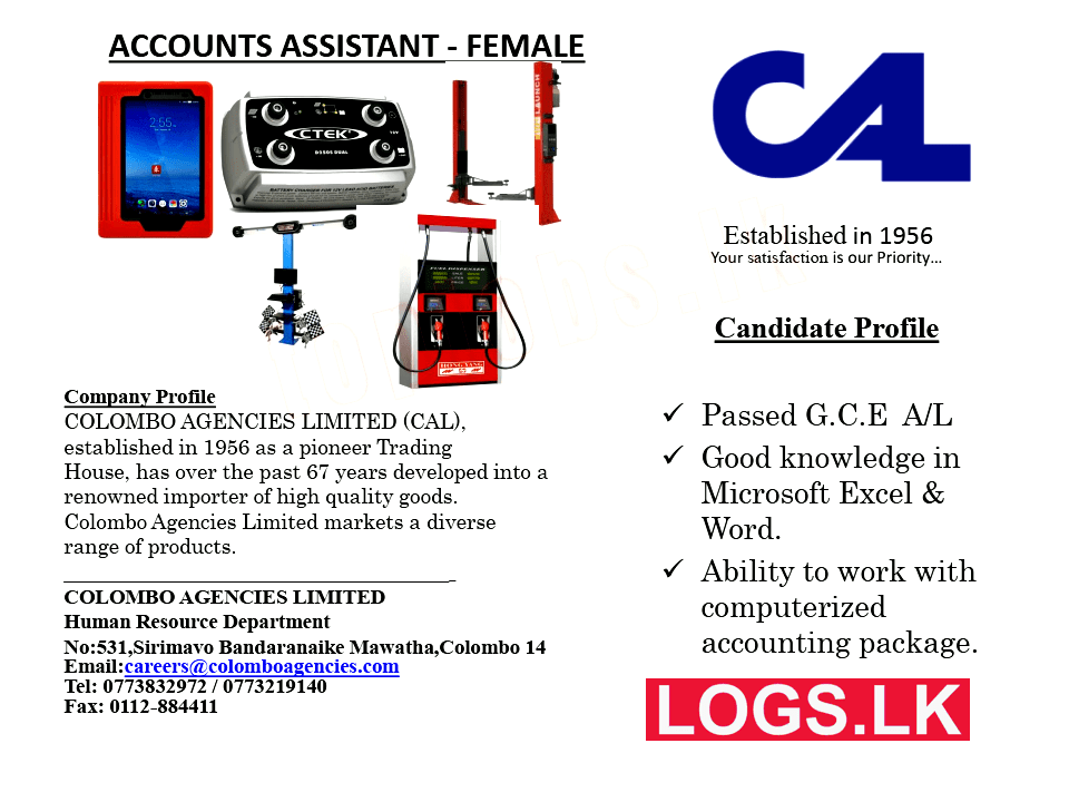 Accounts Assistant (Female) Vacancy at Colombo Agencies Jobs Application