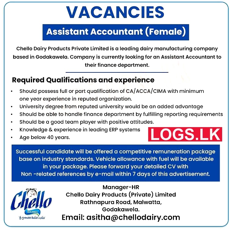 Assistant Accountant - Female Job Vacancy at Chello Dairy Product Job Vacancies