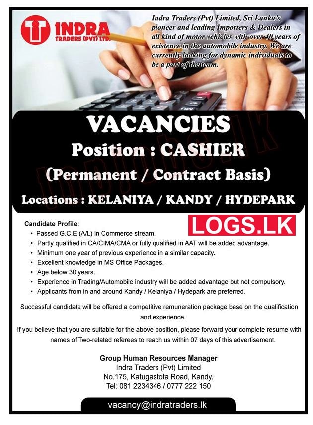 Cashier Job Vacancy at Indra Traders (Pvt) Ltd Job Vacancies