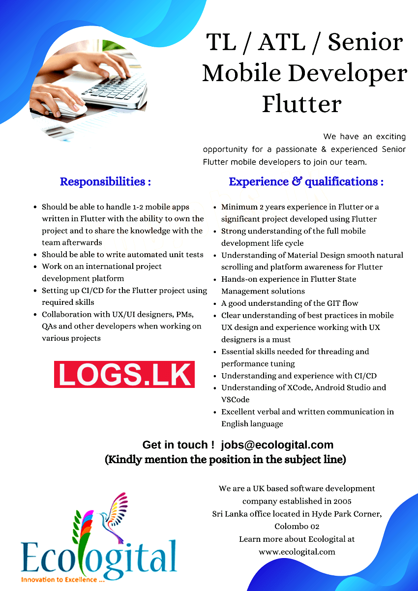 TL/ ATL/ Senior Mobile Developer Flutter Vacancy at Ecologital Job Vacancies