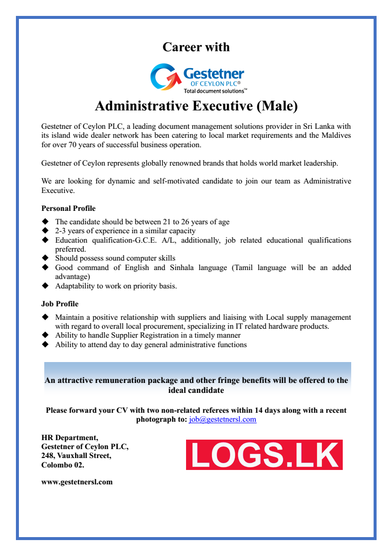 Administrative Executive (Male) Vacancy at Gestetner of Ceylon Job Vacancies