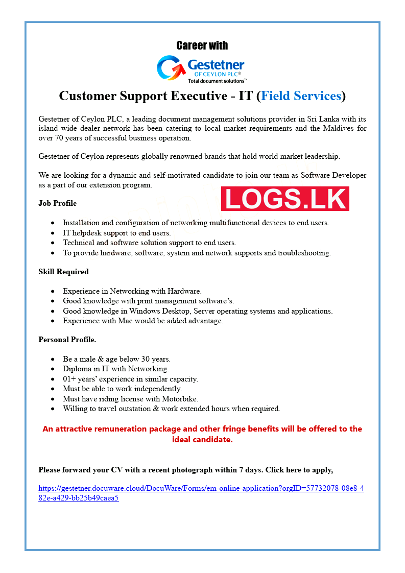 Customer Support Executive Job Vacancy at Gestetner of Ceylon Job Vacancies
