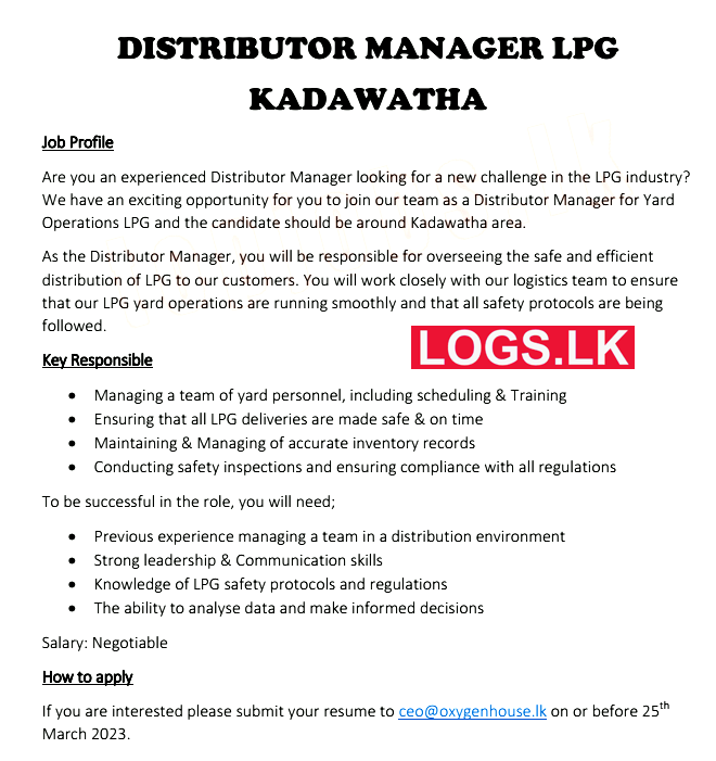 Distributor Manager Job Vacancy at Oxygen House (Pvt) Ltd Jobs Application