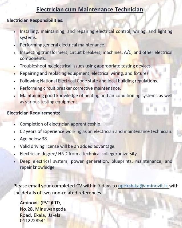 Electrician cum Maintenance Technician Vacancy at Aminovit (Pvt) Ltd Jobs Application