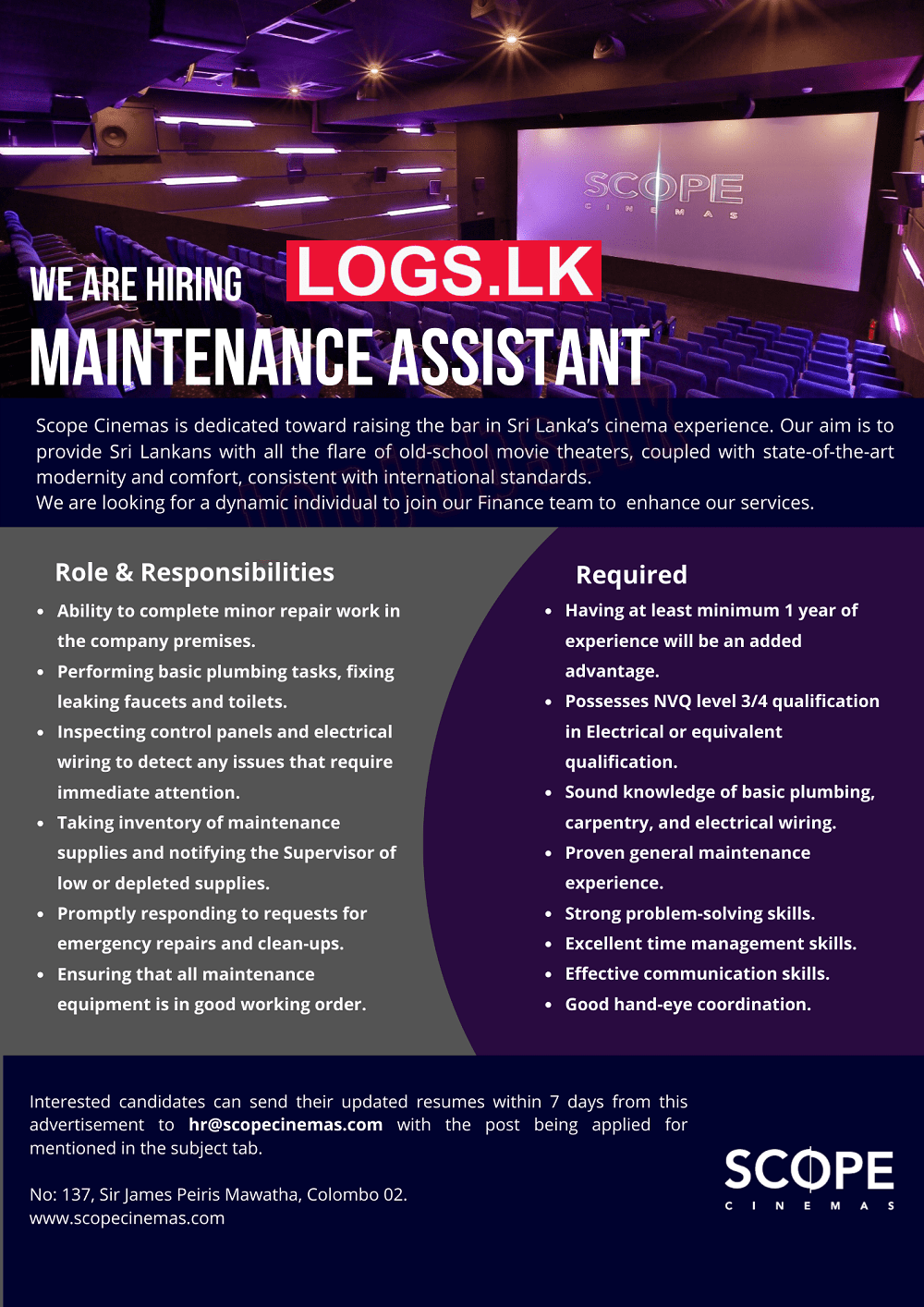 Maintenance Assistant Job Vacancy at Scope Cinemas (Pvt) Ltd Jobs Application