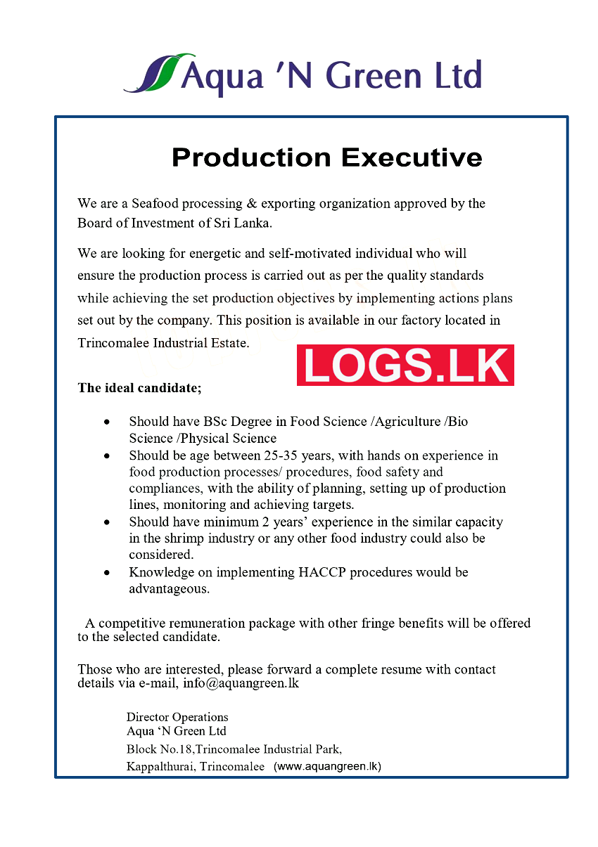 Production Executive Job Vacancy at Aqua 'N Green Ltd Job Vacancies