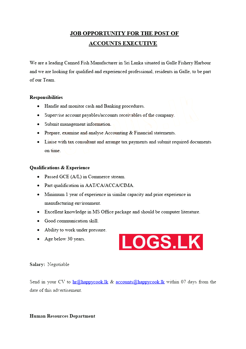 Accounts Executive Vacancy at Happy Cook Lanka Food (Pvt) Ltd Jobs Application