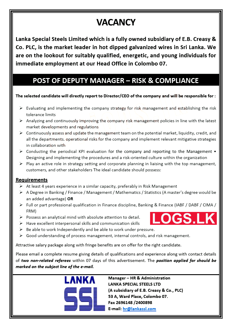 Deputy Manager Job Vacancy at Lanka Special Steels (Pvt) Ltd Jobs Application