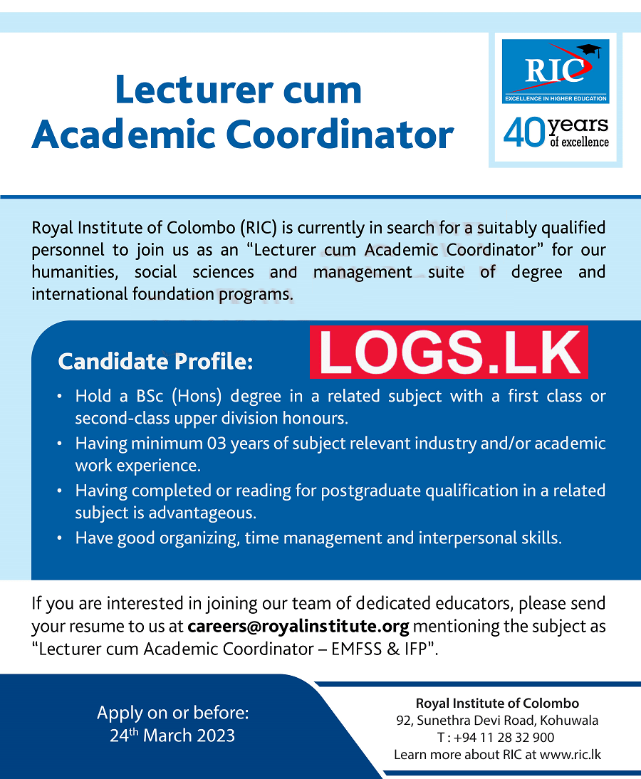 Lecturer cum Academic Coordinator Vacancy at Royal Institute Job Vacancies