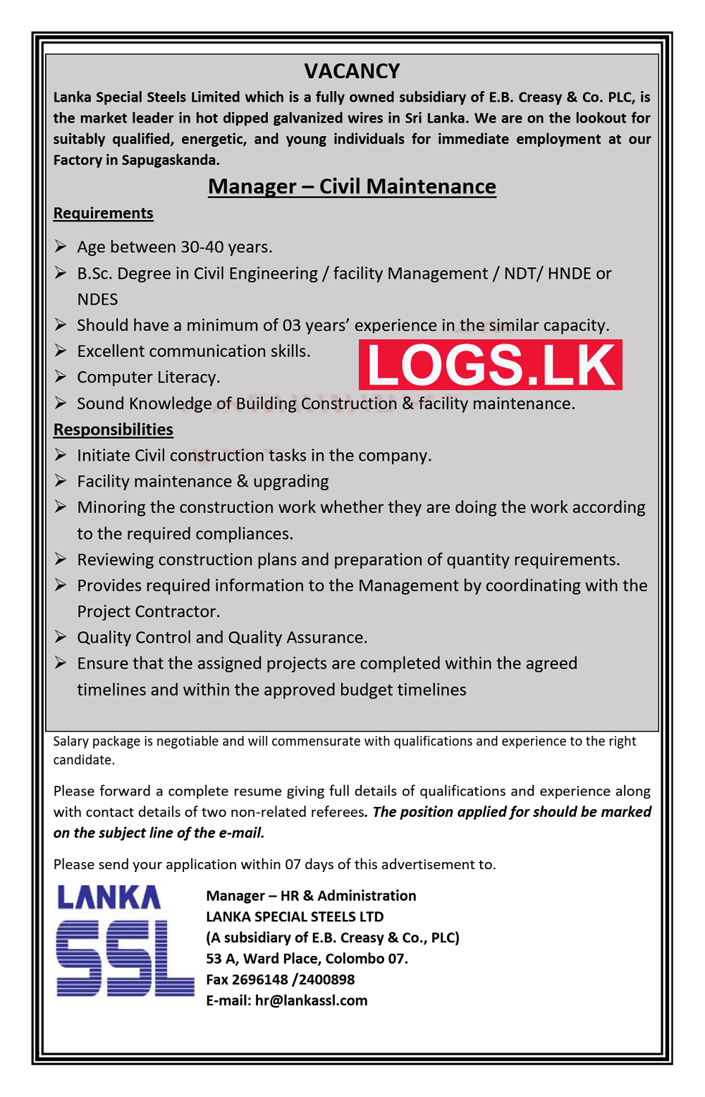 Manager - Civil Maintenance Vacancy at Lanka Special Steels (Pvt) Ltd Job Vacancies