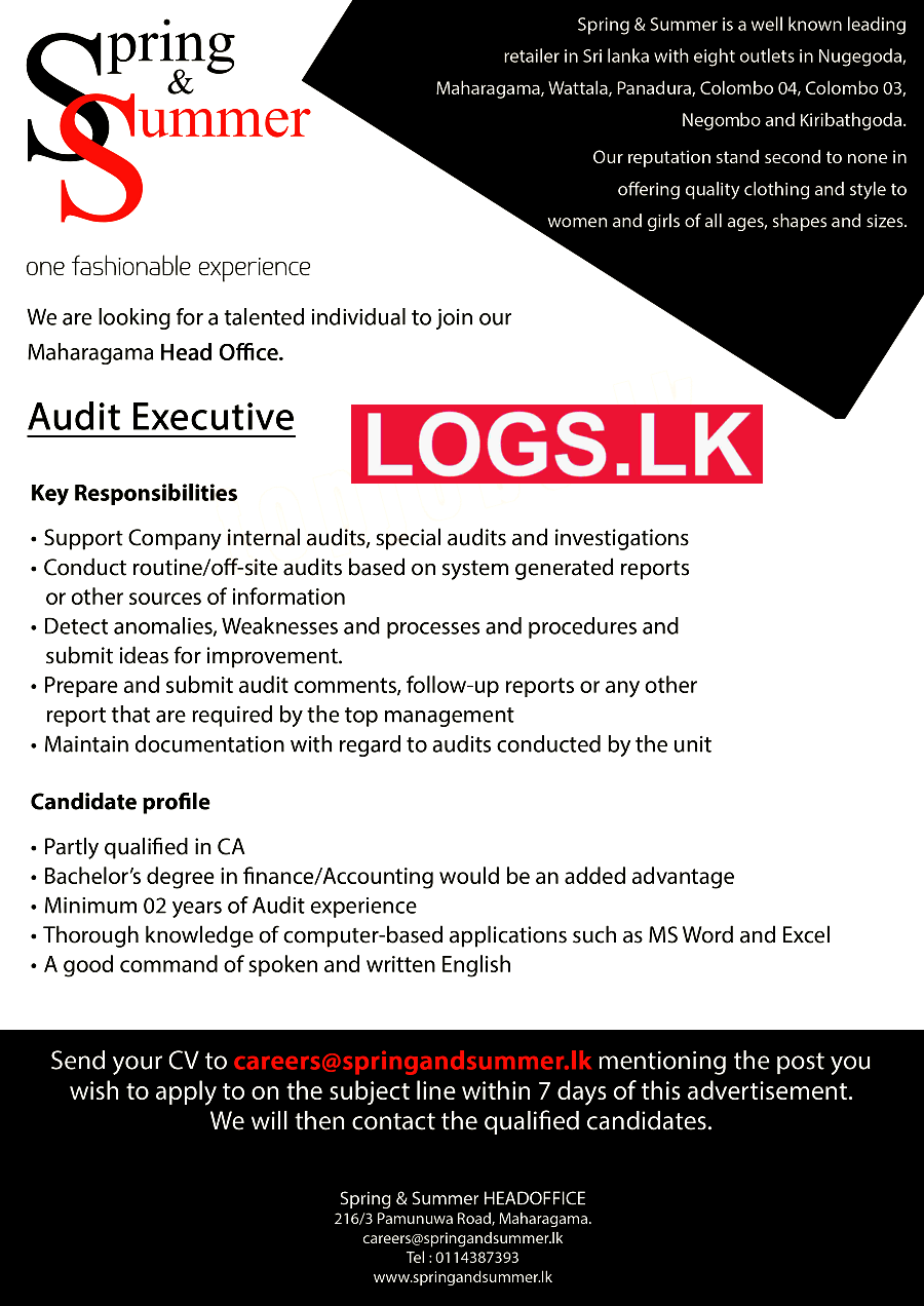 Audit Executive Job Vacancy at Spring & Summer Sri Lanka Job Vacancies