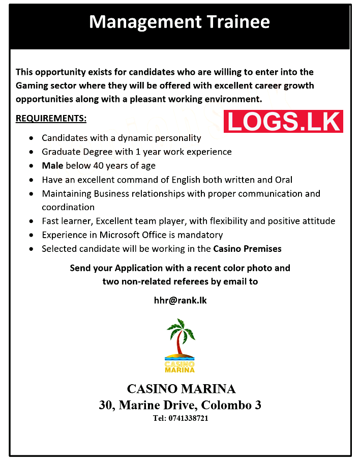 Management Trainee Job Vacancy at Casino Marina Job Vacancies