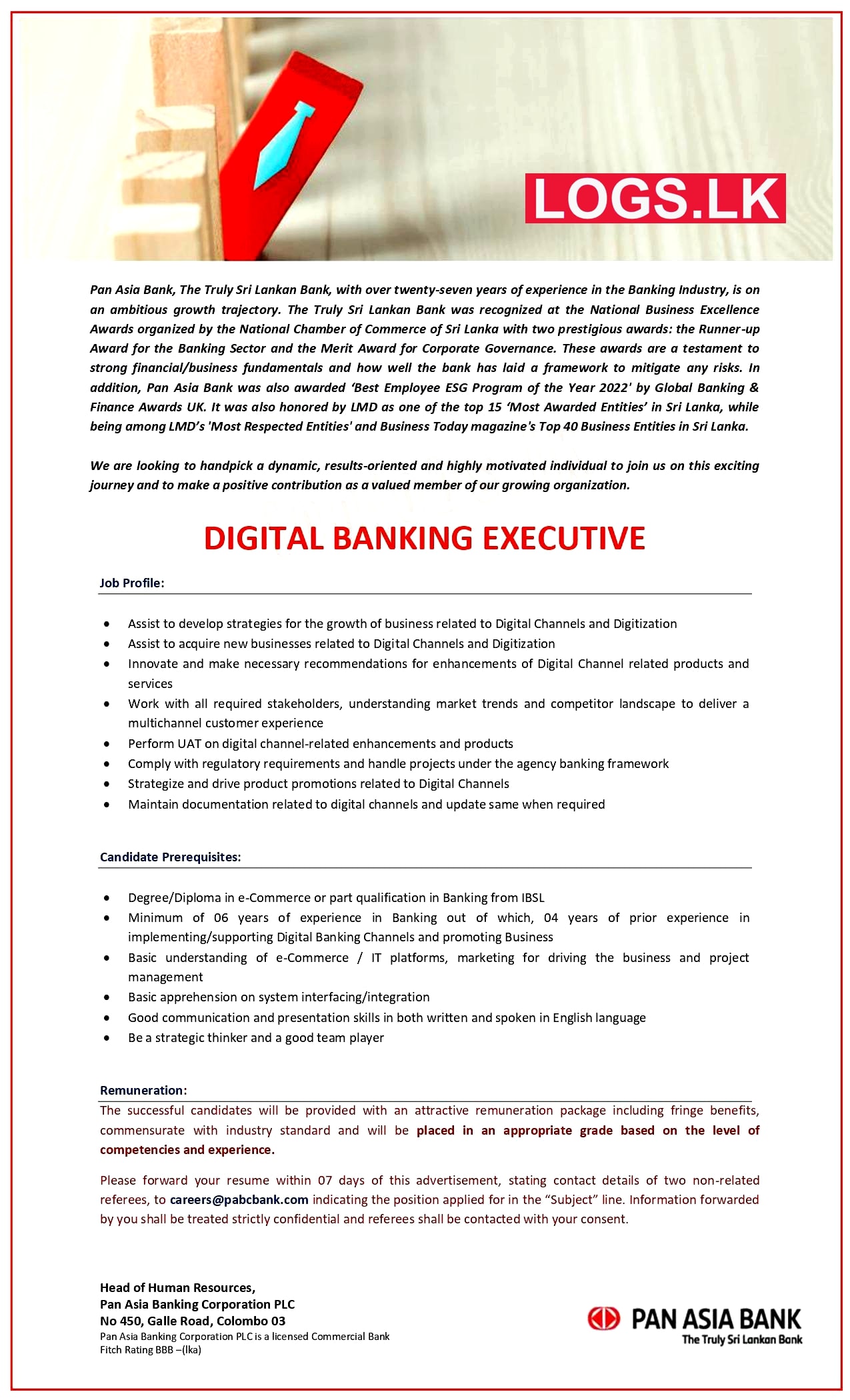 Digital Banking Executive - Pan Asia Bank Vacancies 2023 Application, Details Download